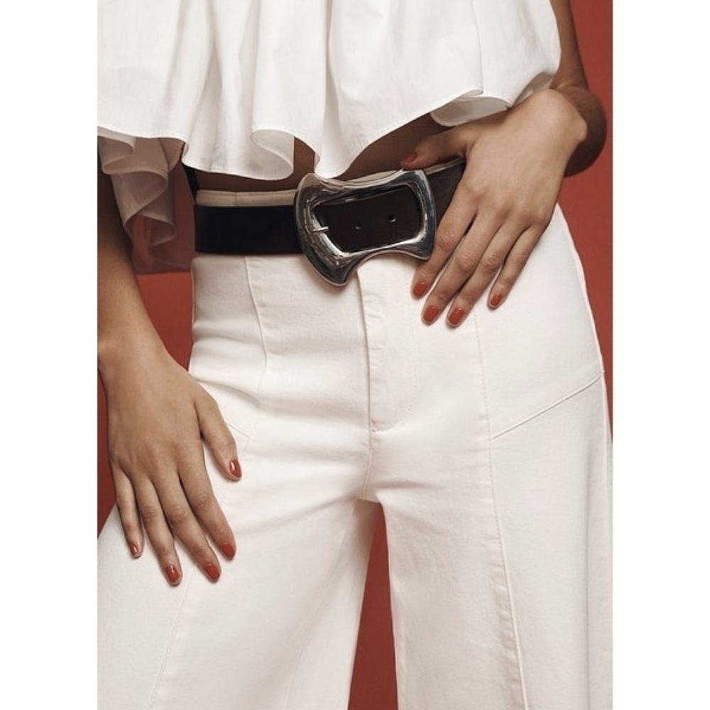 Anthropologie Large Silver Buckle Art To Wear Statement Leather Belt